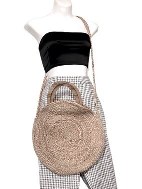 Zara Woven Rattan Circle Round Crossbody Wood Handle Laptop Beach Pool Bag Purse